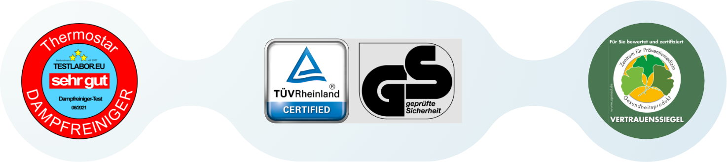 certificates for top quality of the Thermostar thermo cleaner: Testlabor, TÜV, GS, ZPMed trust seal