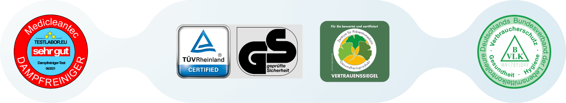 numerous certificates for Thermostar and Medicleantec: Testlabor, TÜV, GS, ZPMed trust seal, Association of Food Inspectors